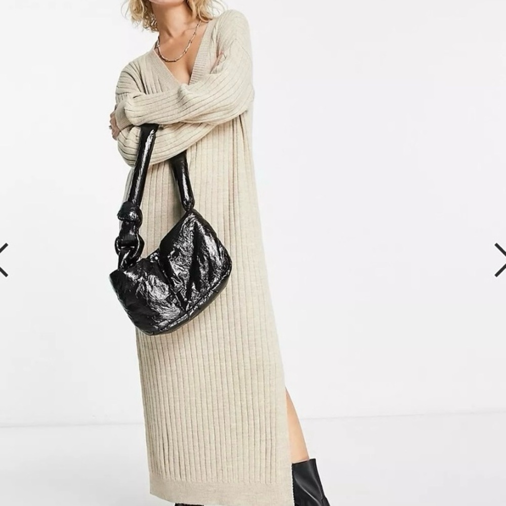 ASOS DESIGN Knitted Maxi Sweater Dress V Neck in Oatmeal Sz 8